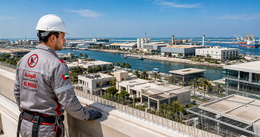 Humane Bird Control Umm Al Quwain technician inspecting bird spikes and bird netting overlooking Umm Al Quwain waterfront, port facilities, warehouses, and coastal developments