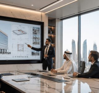 Facility manager presenting a commercial bird control and preventive maintenance strategy for a modern UAE office building during a professional planning meeting.