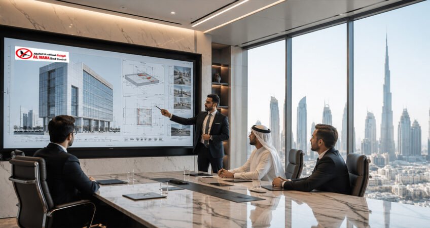 Facility manager presenting a commercial bird control and preventive maintenance strategy for a modern UAE office building during a professional planning meeting.