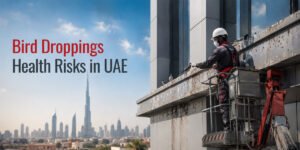 Bird droppings health risks in the UAE shown on a commercial building with a professional bird control technician inspecting contamination from a manlift