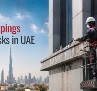 Bird droppings health risks in the UAE shown on a commercial building with a professional bird control technician inspecting contamination from a manlift