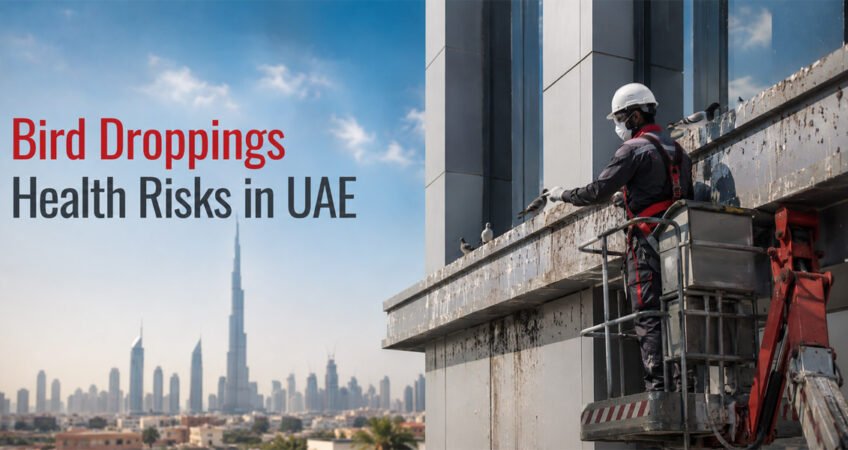 Bird droppings health risks in the UAE shown on a commercial building with a professional bird control technician inspecting contamination from a manlift