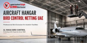 Aircraft Hangar Bird Control Netting UAE showing professional technicians installing overhead bird netting above an aircraft inside a modern aviation hangar.