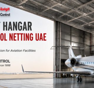 Aircraft Hangar Bird Control Netting UAE showing professional technicians installing overhead bird netting above an aircraft inside a modern aviation hangar.