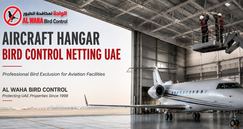 Aircraft Hangar Bird Control Netting UAE showing professional technicians installing overhead bird netting above an aircraft inside a modern aviation hangar.